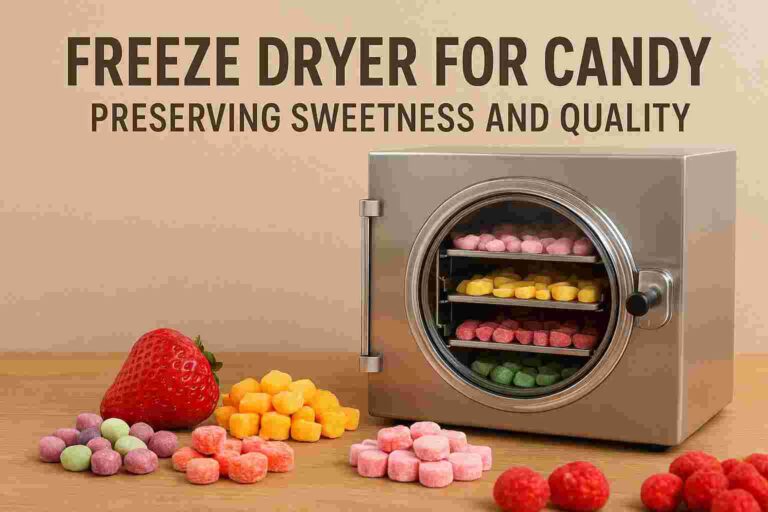 A realistic freeze dryer machine with colorful candies inside, highlighting the process of preserving candy sweetness and quality.