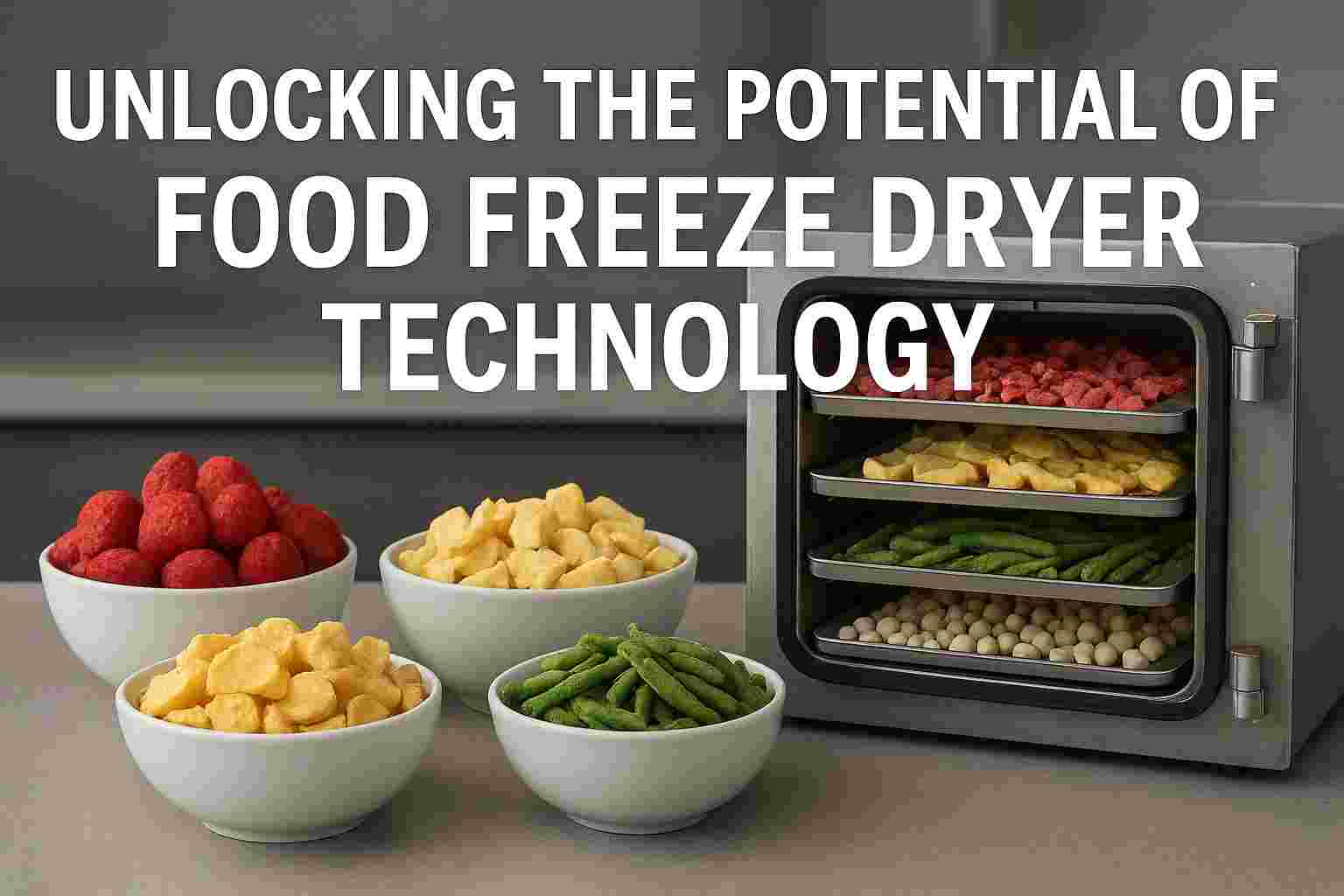 A modern food freeze dryer filled with colorful fruits and vegetables beside bowls of freeze-dried snacks, showcasing advanced preservation technology