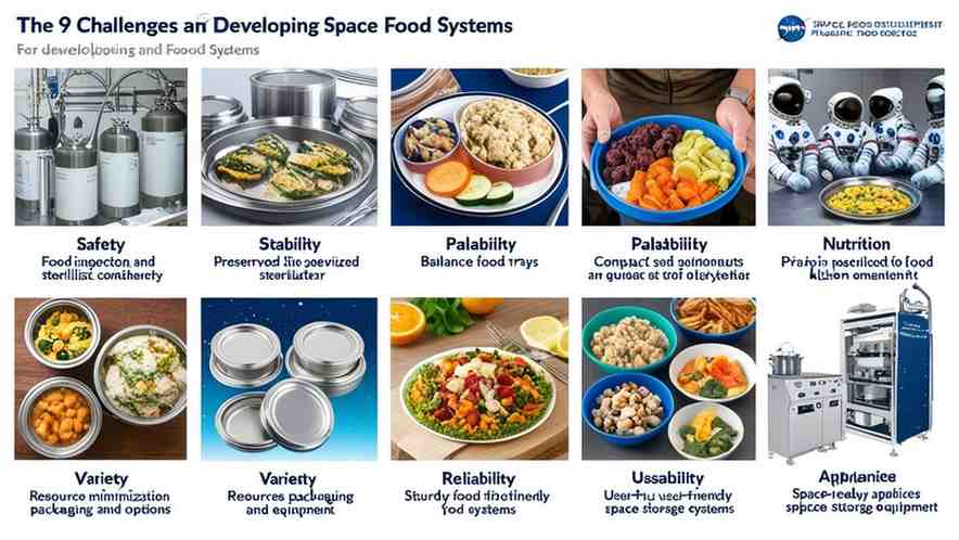 Nine challenges and criteria for developing food systems for space exploration.