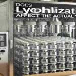 A lyophilization machine in a laboratory setting with vials inside, featuring the title 'Does Lyophilization Affect the Actual Yield?