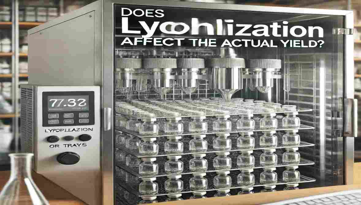 A lyophilization machine in a laboratory setting with vials inside, featuring the title 'Does Lyophilization Affect the Actual Yield?