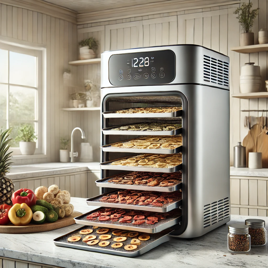 A modern freeze dryer on a kitchen countertop with trays filled with freeze-dried fruits and vegetables, representing food preservation and long-term storage