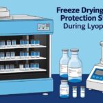 Freeze dryer product protection Detailed illustration of a laboratory freeze-drying process with a lyophilizer, transparent shelves, vials, and a digital control panel displaying pressure and temperature