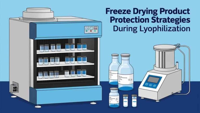 Freeze dryer product protection Detailed illustration of a laboratory freeze-drying process with a lyophilizer, transparent shelves, vials, and a digital control panel displaying pressure and temperature