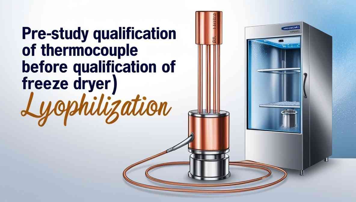 A professional featured image depicting the pre-study qualification of thermocouples for freeze dryer (lyophilization) processes