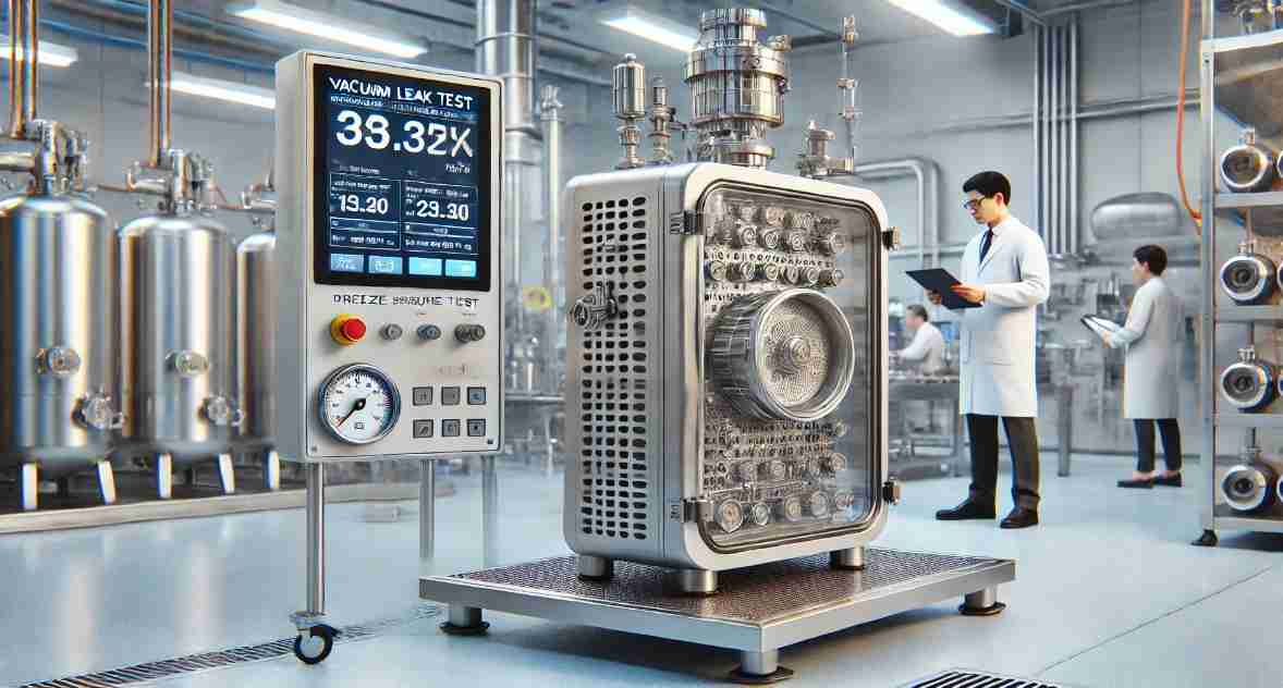 A freeze-drying unit in a laboratory setting undergoing a vacuum leak test, with a technician monitoring pressure gauges and system parameters.