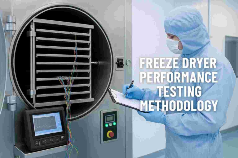A cleanroom technician performing performance qualification tests on a pharmaceutical-grade freeze dryer, including temperature mapping and calibration checks.