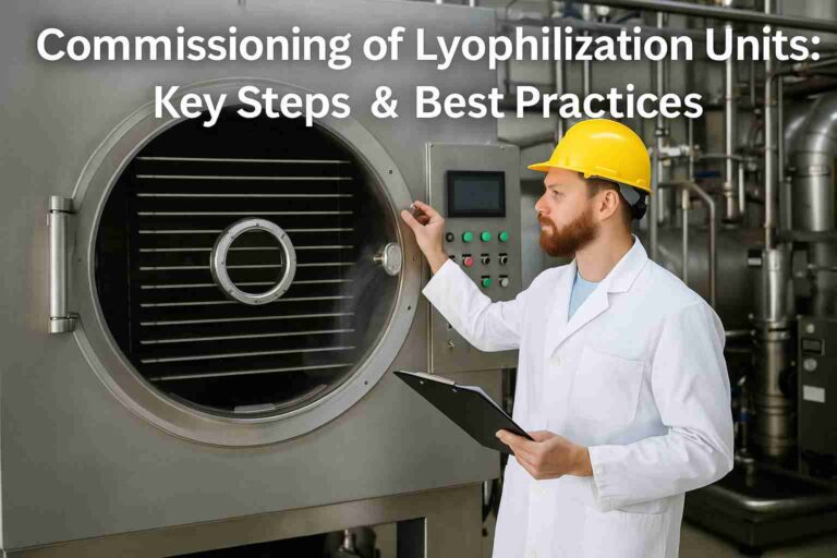 Technician inspecting a stainless steel lyophilization uni