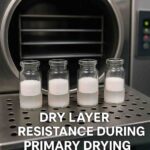 Glass vials inside a freeze dryer showing dry layer formation during primary drying, highlighting resistance to vapor flow in lyophilization.