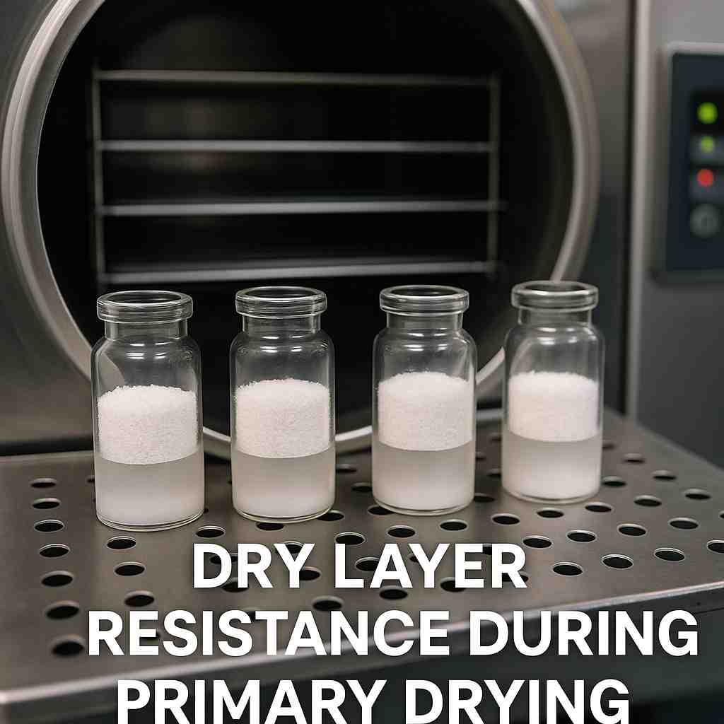 Glass vials inside a freeze dryer showing dry layer formation during primary drying, highlighting resistance to vapor flow in lyophilization.