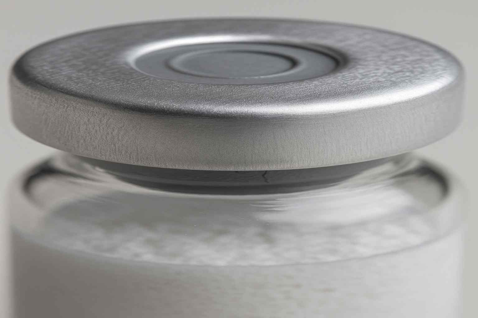 Aluminum crimp seal defect on lyophilized vial under visual inspection for GMP quality assurance.