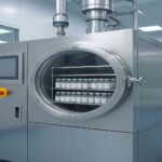 Freeze-drying machine with biopharmaceutical vials inside a cleanroom.