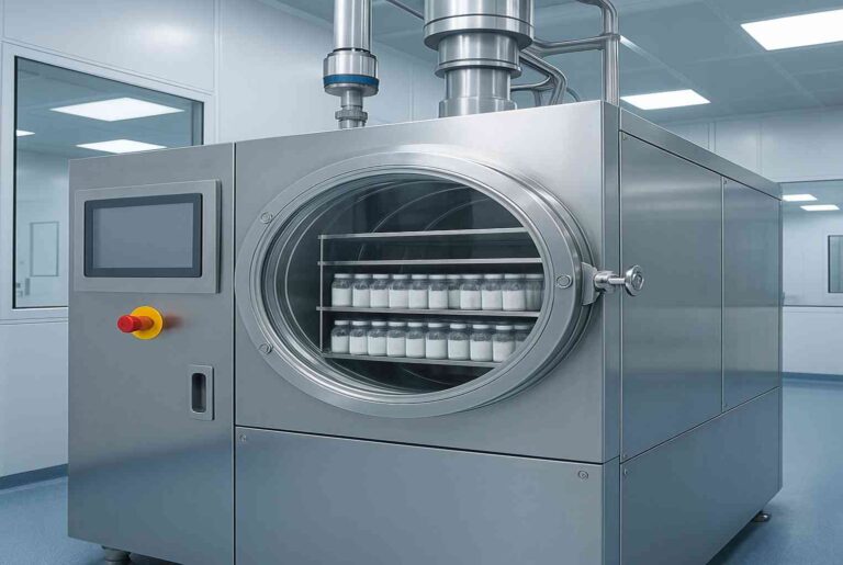 Freeze-drying machine with biopharmaceutical vials inside a cleanroom.