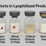 Realistic image of lyophilized vials showing major defects, minor defects, critical defects, and sealing issues in pharmaceutical freeze-drying.