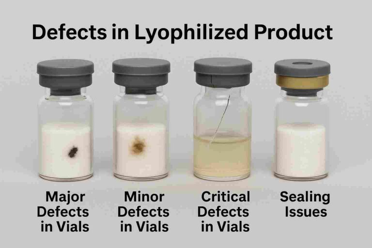 Realistic image of lyophilized vials showing major defects, minor defects, critical defects, and sealing issues in pharmaceutical freeze-drying.