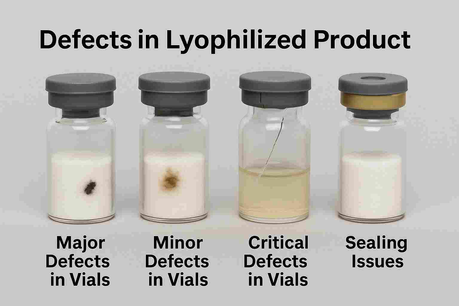 Realistic image of lyophilized vials showing major defects, minor defects, critical defects, and sealing issues in pharmaceutical freeze-drying.