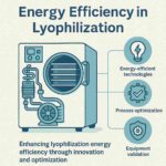 Infographic illustrating energy efficiency in lyophilization, highlighting optimized freeze-drying techniques, equipment, and power-saving methods.