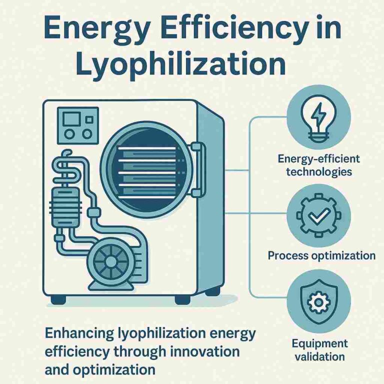 Infographic illustrating energy efficiency in lyophilization, highlighting optimized freeze-drying techniques, equipment, and power-saving methods.