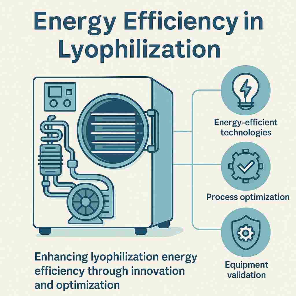 Infographic illustrating energy efficiency in lyophilization, highlighting optimized freeze-drying techniques, equipment, and power-saving methods.
