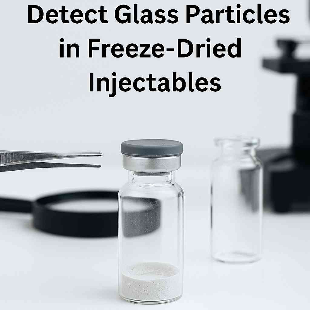 Visual inspection of freeze-dried injectable vials to detect glass particles using a magnifying glass in a pharmaceutical lab.”