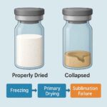 Collapsed lyophilized cake in vial caused by poor freeze-drying control compared to a proper cake”