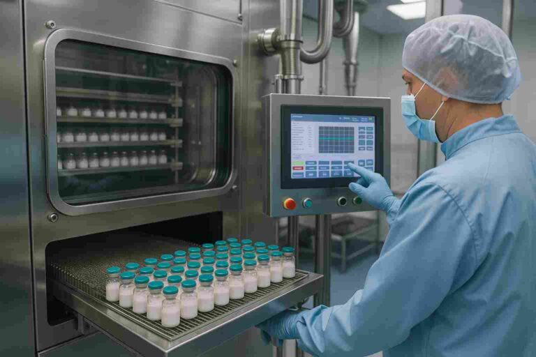 Pharmaceutical freeze-drying process with technician monitoring lyophilized product quality in a cleanroom