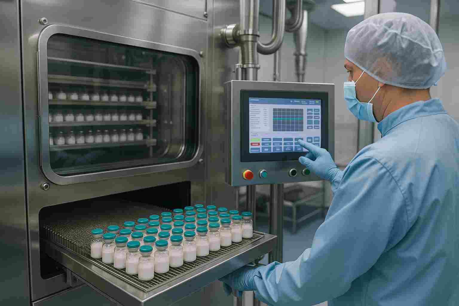 Pharmaceutical freeze-drying process with technician monitoring lyophilized product quality in a cleanroom