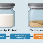 Collapsed lyophilized cake in vial caused by poor freeze-drying control compared to a proper cake.