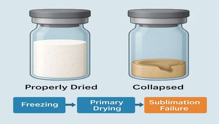 Collapsed lyophilized cake in vial caused by poor freeze-drying control compared to a proper cake.