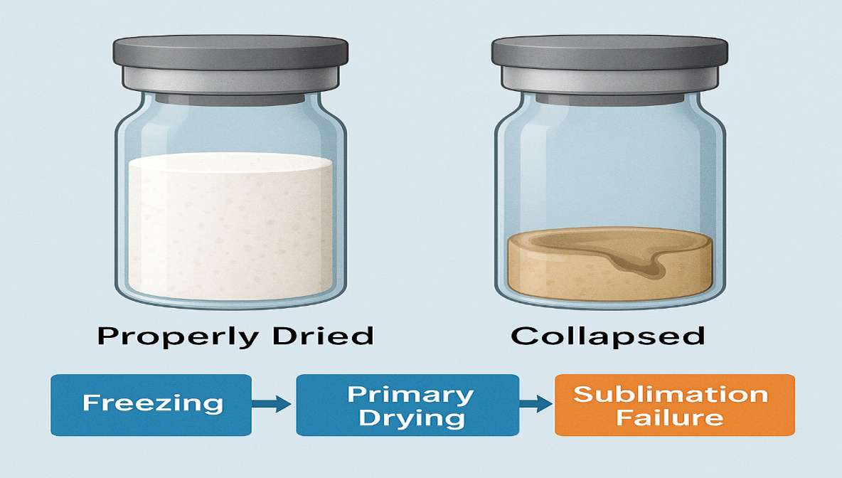 Collapsed lyophilized cake in vial caused by poor freeze-drying control compared to a proper cake.
