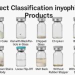 Defect classification chart with labeled lyophilized vials showing improper cake, black particle, chipped glass, broken vial, melt back, and more.