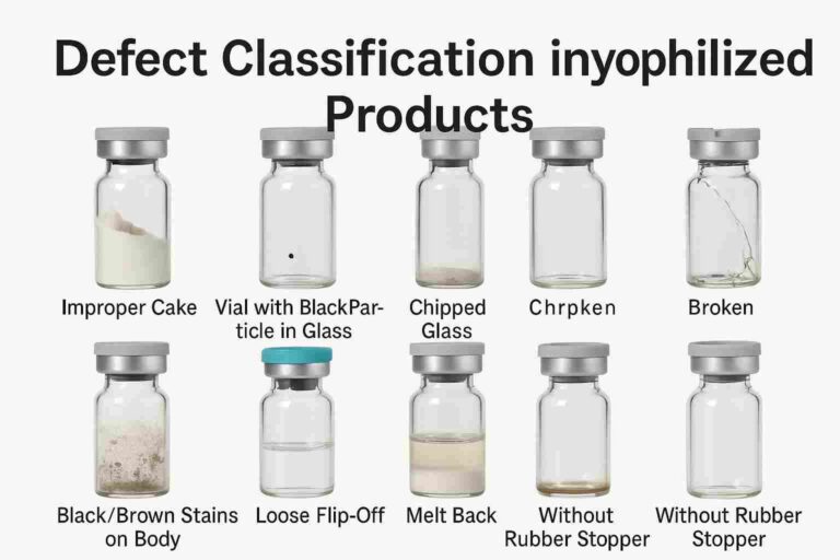 Defect classification chart with labeled lyophilized vials showing improper cake, black particle, chipped glass, broken vial, melt back, and more.