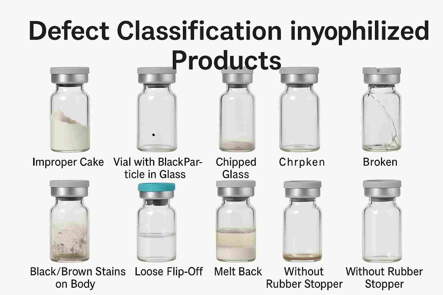 Defect classification chart with labeled lyophilized vials showing improper cake, black particle, chipped glass, broken vial, melt back, and more.
