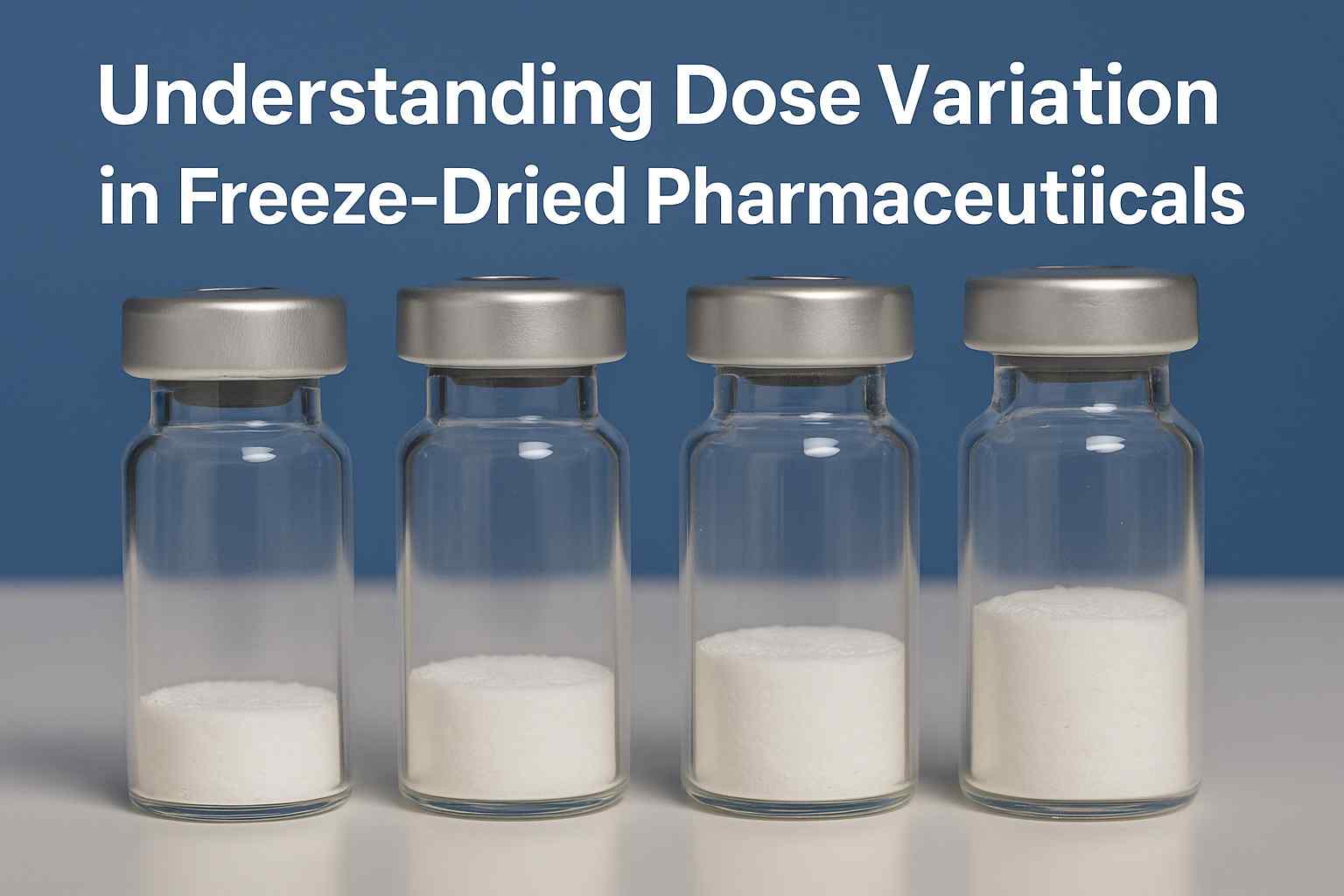 Four glass vials containing freeze-dried pharmaceutical powder with varying volumes, used to illustrate dose variation in lyophilized products.