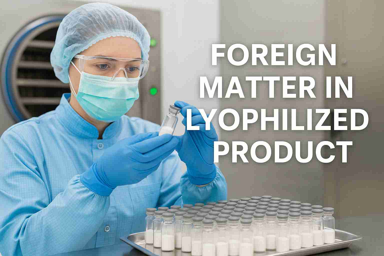 Quality inspection of freeze-dried pharmaceutical vials for foreign matter inside a GMP cleanroom.