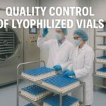 QA inspection of lyophilized pharmaceutical vials inside a freeze-drying cleanroom environment.