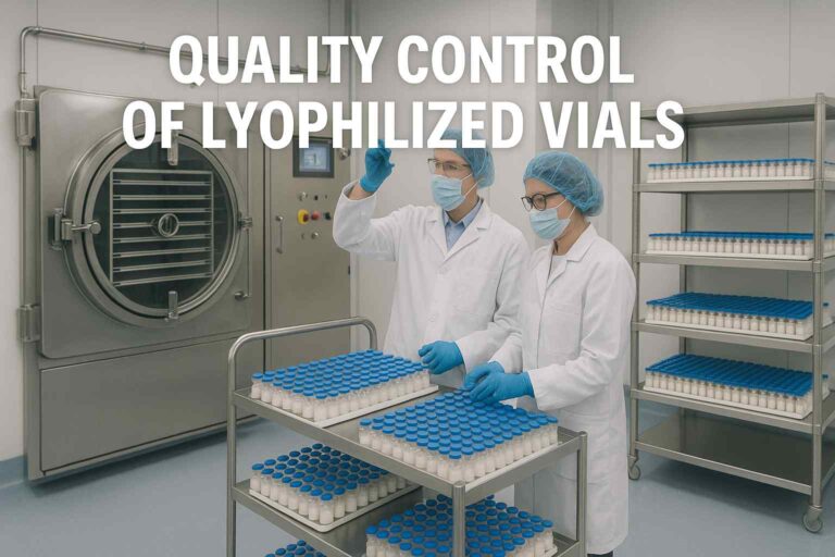 QA inspection of lyophilized pharmaceutical vials inside a freeze-drying cleanroom environment.
