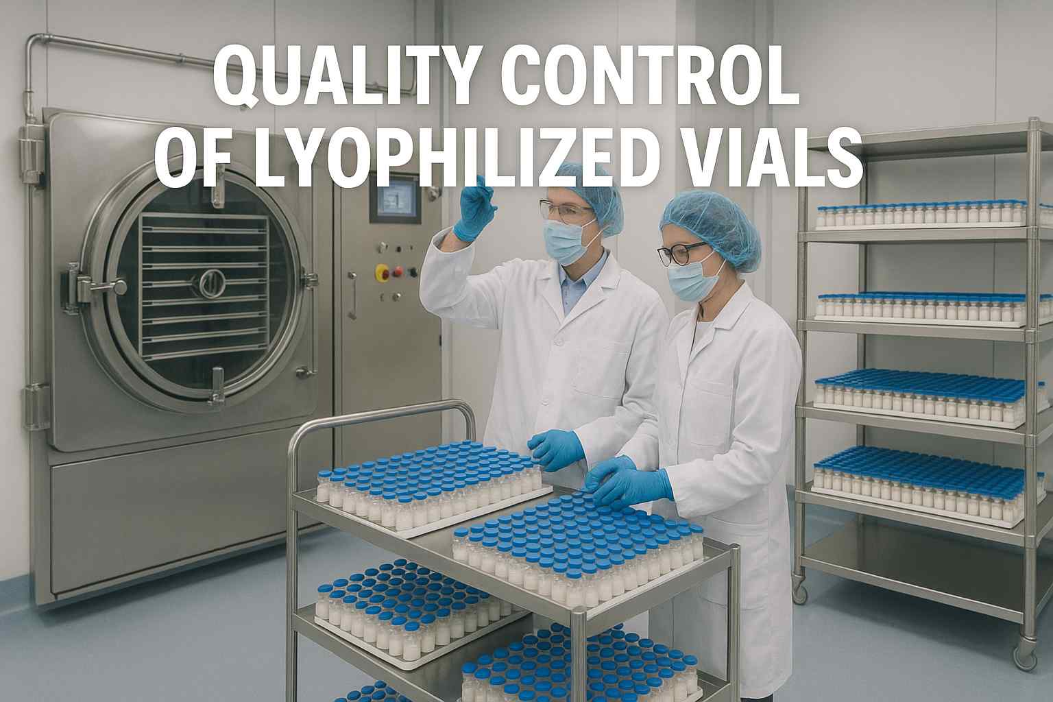 QA inspection of lyophilized pharmaceutical vials inside a freeze-drying cleanroom environment.