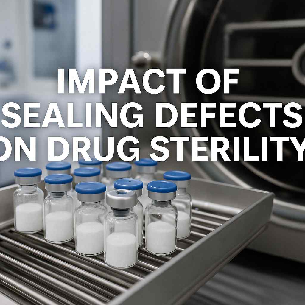 Pharmaceutical freeze-dried vials showing sealing defect under inspection in a sterile laboratory environment.