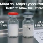 Two pharmaceutical vials on a stainless steel tray, labeled as minor and major lyophilization defect vials. The minor defect vial has a smooth white cake, while the major defect vial shows a cracked cake with visible black particles. A QC checklist and gloved hand are visible in the background.