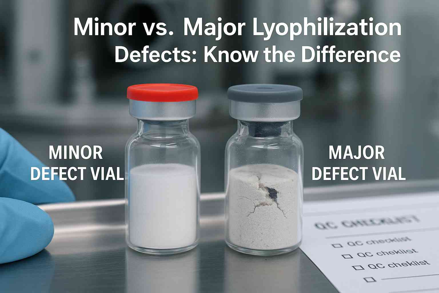 Two pharmaceutical vials on a stainless steel tray, labeled as minor and major lyophilization defect vials. The minor defect vial has a smooth white cake, while the major defect vial shows a cracked cake with visible black particles. A QC checklist and gloved hand are visible in the background.
