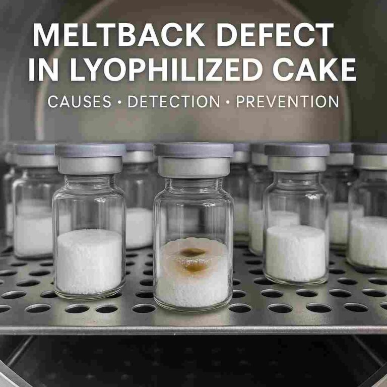 Meltback defect in lyophilized cake visible in pharmaceutical vials during freeze-drying.