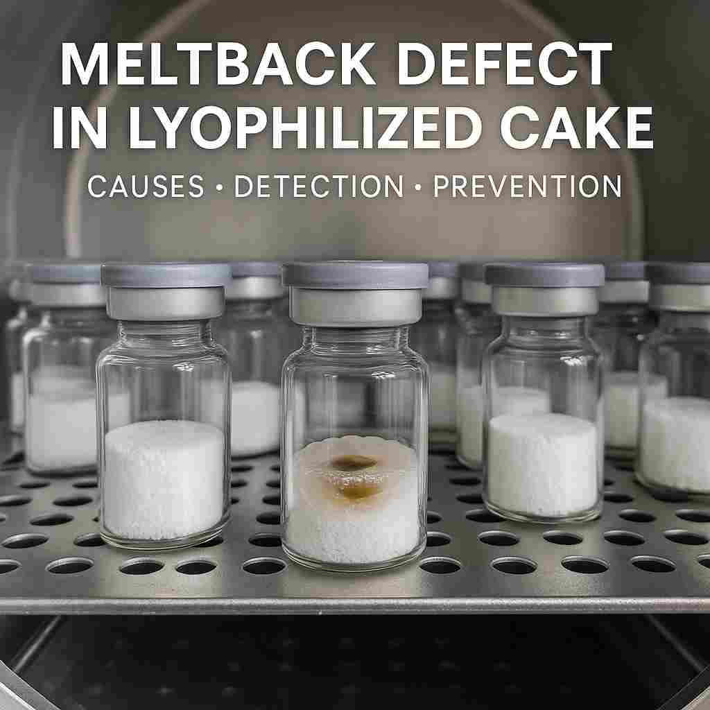 Meltback defect in lyophilized cake visible in pharmaceutical vials during freeze-drying.