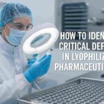 Cleanroom technician examining lyophilized pharmaceutical vials with a magnifying lamp to identify critical defects during quality control.