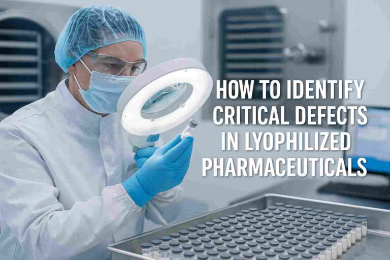 Cleanroom technician examining lyophilized pharmaceutical vials with a magnifying lamp to identify critical defects during quality control.