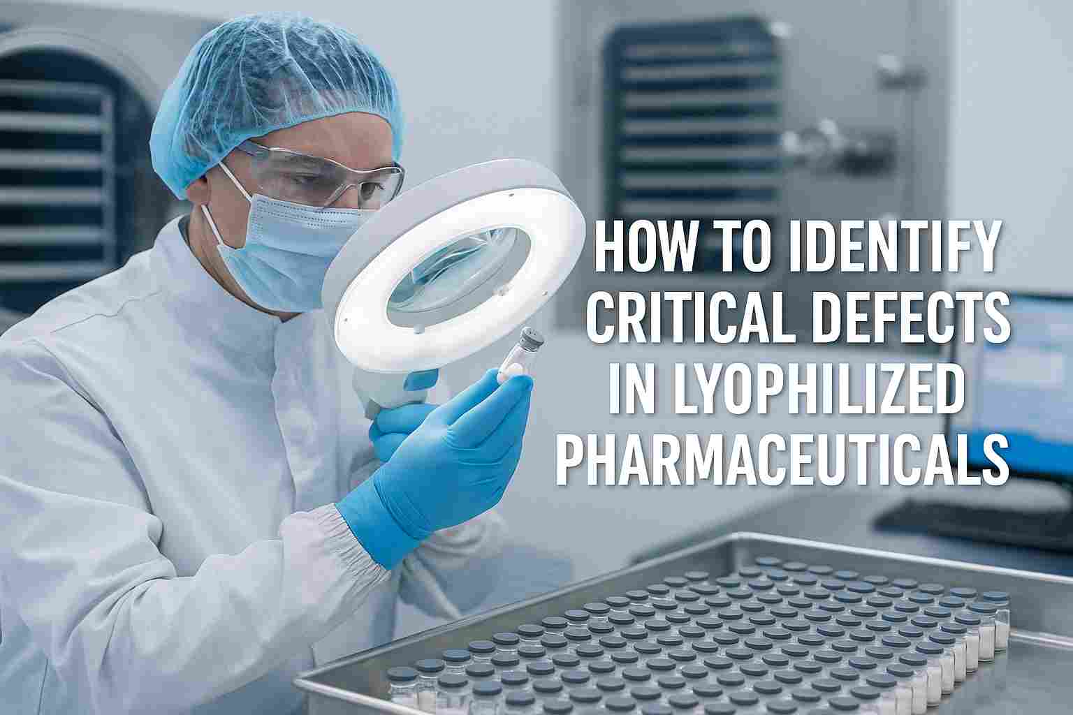Cleanroom technician examining lyophilized pharmaceutical vials with a magnifying lamp to identify critical defects during quality control.