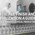 Pharmaceutical production showing aseptic fill-finish and lyophilization equipment for sterile drug manufacturing.