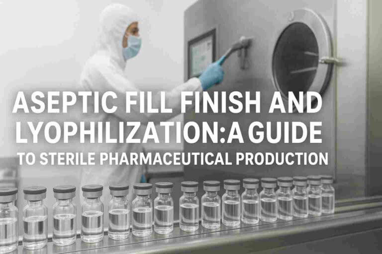 Pharmaceutical production showing aseptic fill-finish and lyophilization equipment for sterile drug manufacturing.