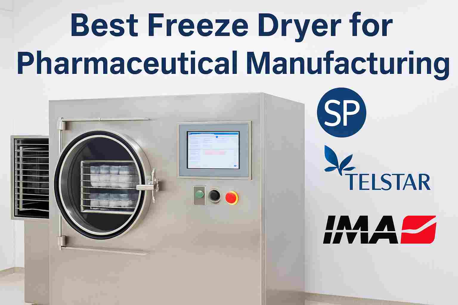 Stainless steel pharmaceutical freeze dryer in a clean GMP-compliant lab setup showing brands and control panels.