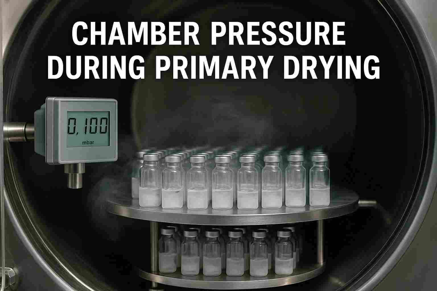 Realistic image of a pharmaceutical freeze dryer chamber during primary drying, showing vacuum gauges, vials on shelves, and sublimation in progress.